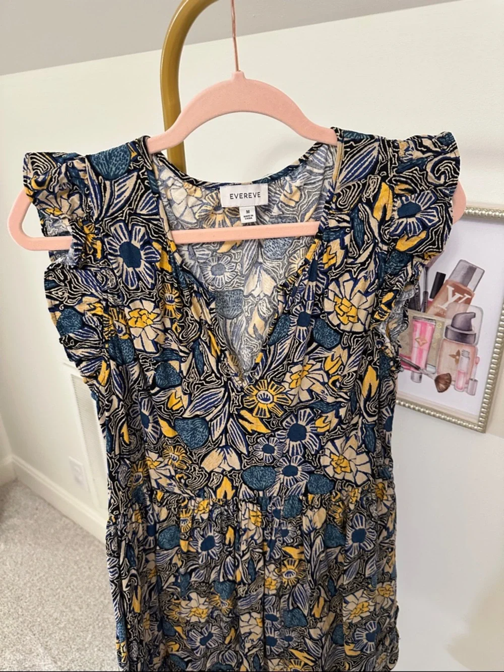 Evereve Navy Floral V-Neck Mini Dress with Mustard Accents - Picture 3 of 8